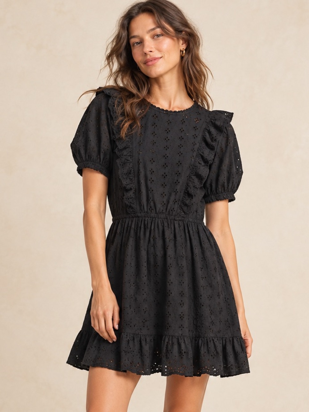DRA Los Angeles Anthropologie Womens Small Black Eyelet Ruffle Mini Dress Boho